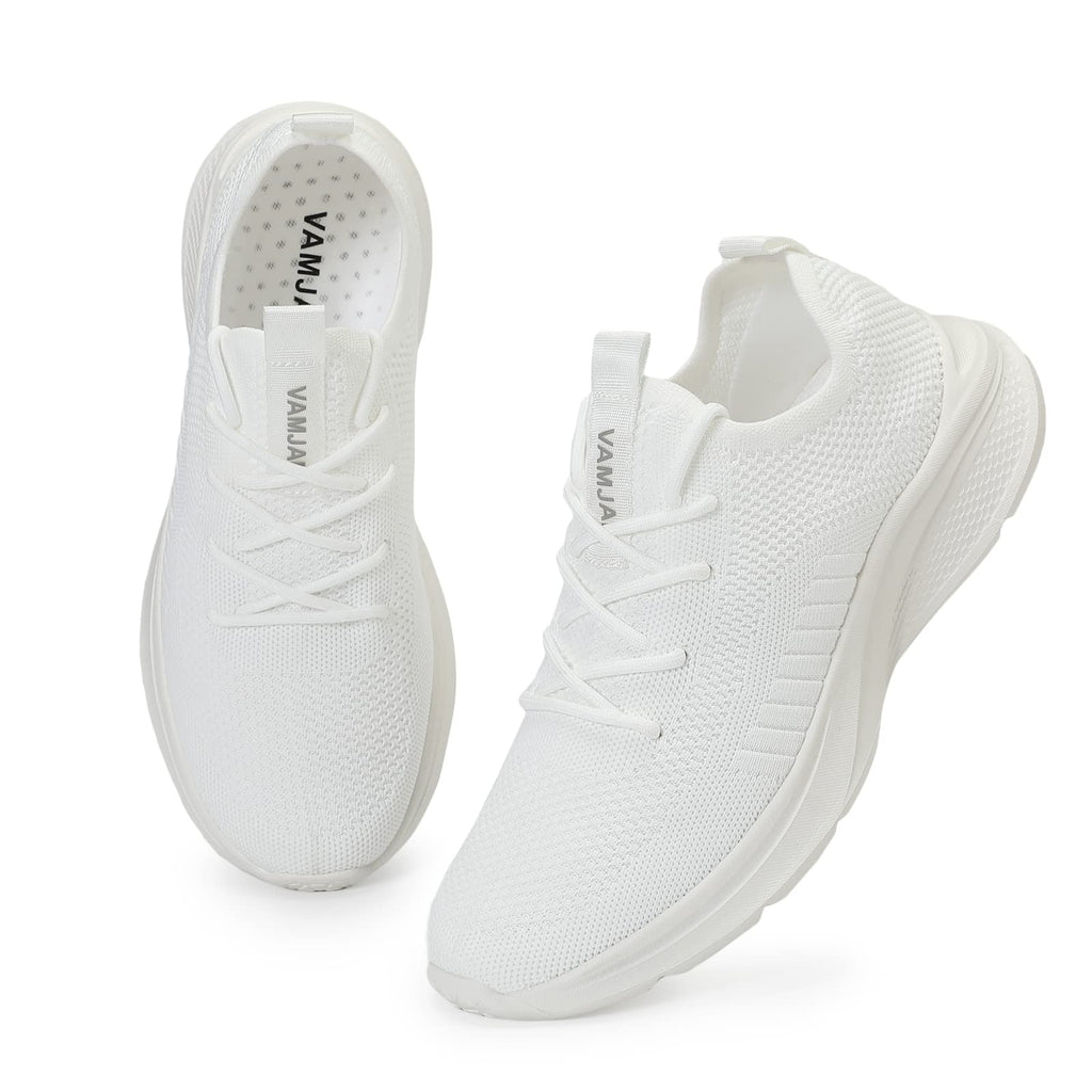 VAMJAM Men's Running Shoes Fashion Sneakers Lightweight Breathable Flying Knitting Lace Up Mesh Walking Shoes Workout Casual Sports Shoes White Size 13