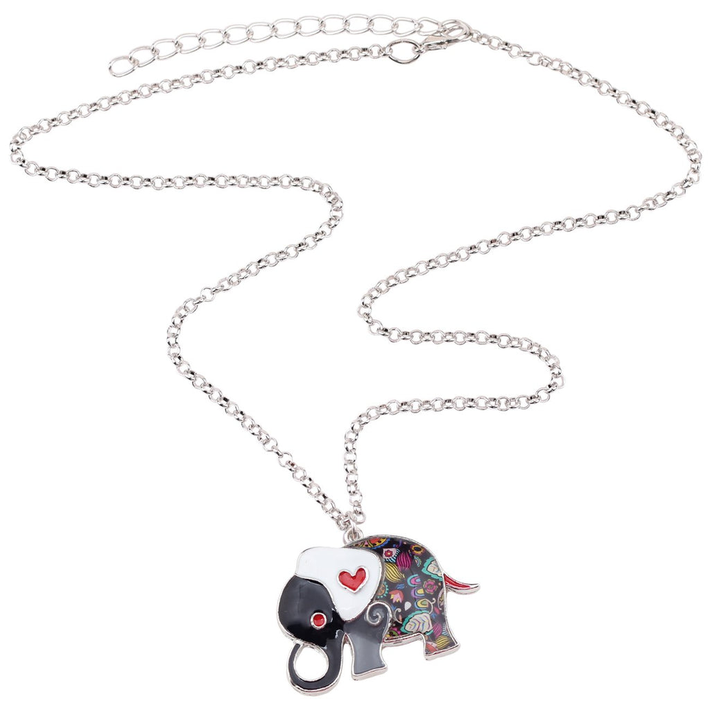 BONSNY Enamel Alloy Floral Heart Lover Elephant Necklace Pendant For Women Lucky Gift (Grey)