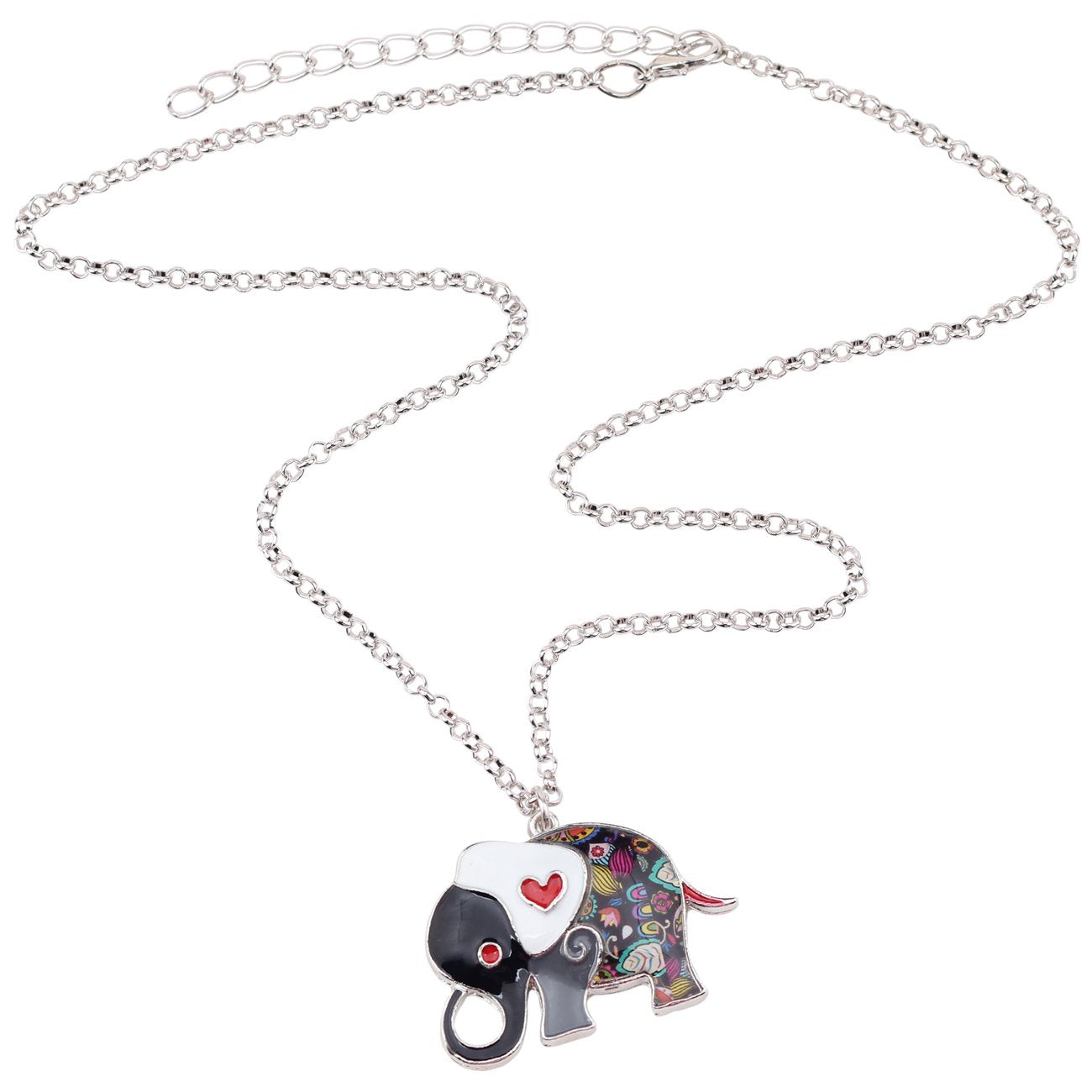 BONSNY Enamel Alloy Floral Heart Lover Elephant Necklace Pendant For Women Lucky Gift (Grey)