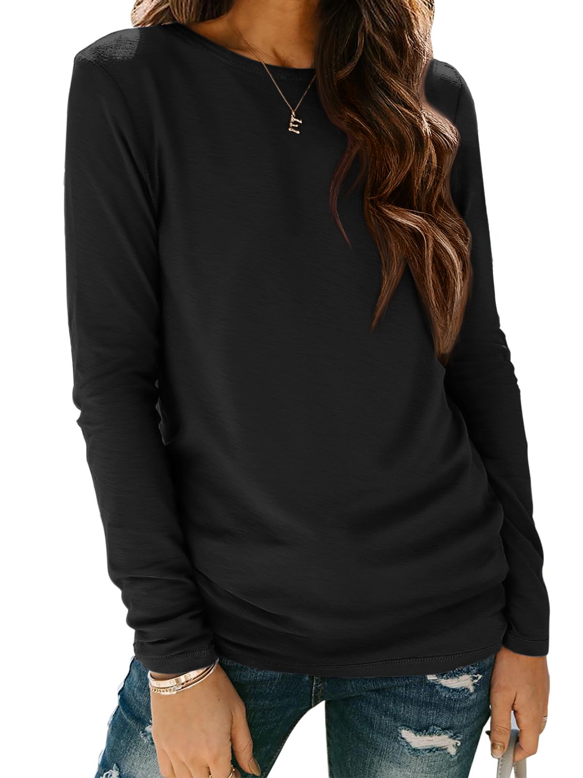 ATHMILE Womens Fall Fashion 2026 Cute Spring Tops Casual O Neck Fitted Fashion Shirts Ladies Clothes Fashion Outfits Black