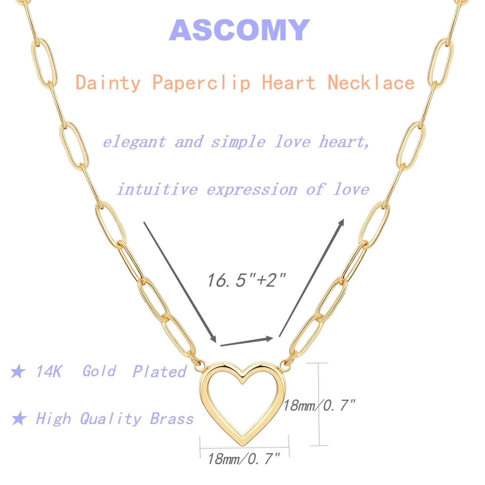 ASCOMY Dainty Gold Necklace for Women 14K Gold Plated Necklaces for Her Delicate Love Heart Necklace Paperclip Chain Heart Pendant Cute Necklaces Festival Jewelry Gift for Women