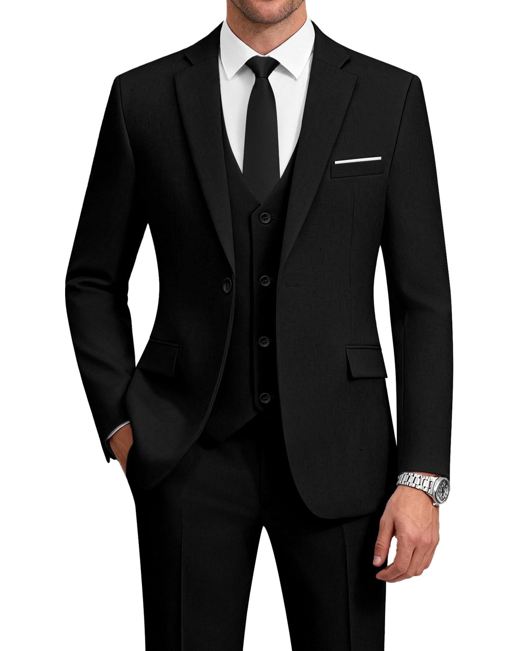 WULFUL Mens Suit 3 Piece Slim Fit Suits for Men One Button Blazer Jacket Pants Tuxedo Suit Set for Prom, Wedding and Business Black
