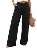 Hooever Womens Cotton Linen Pants Casual Button Up High Waisted Wide Leg Trousers(Black-Large01)