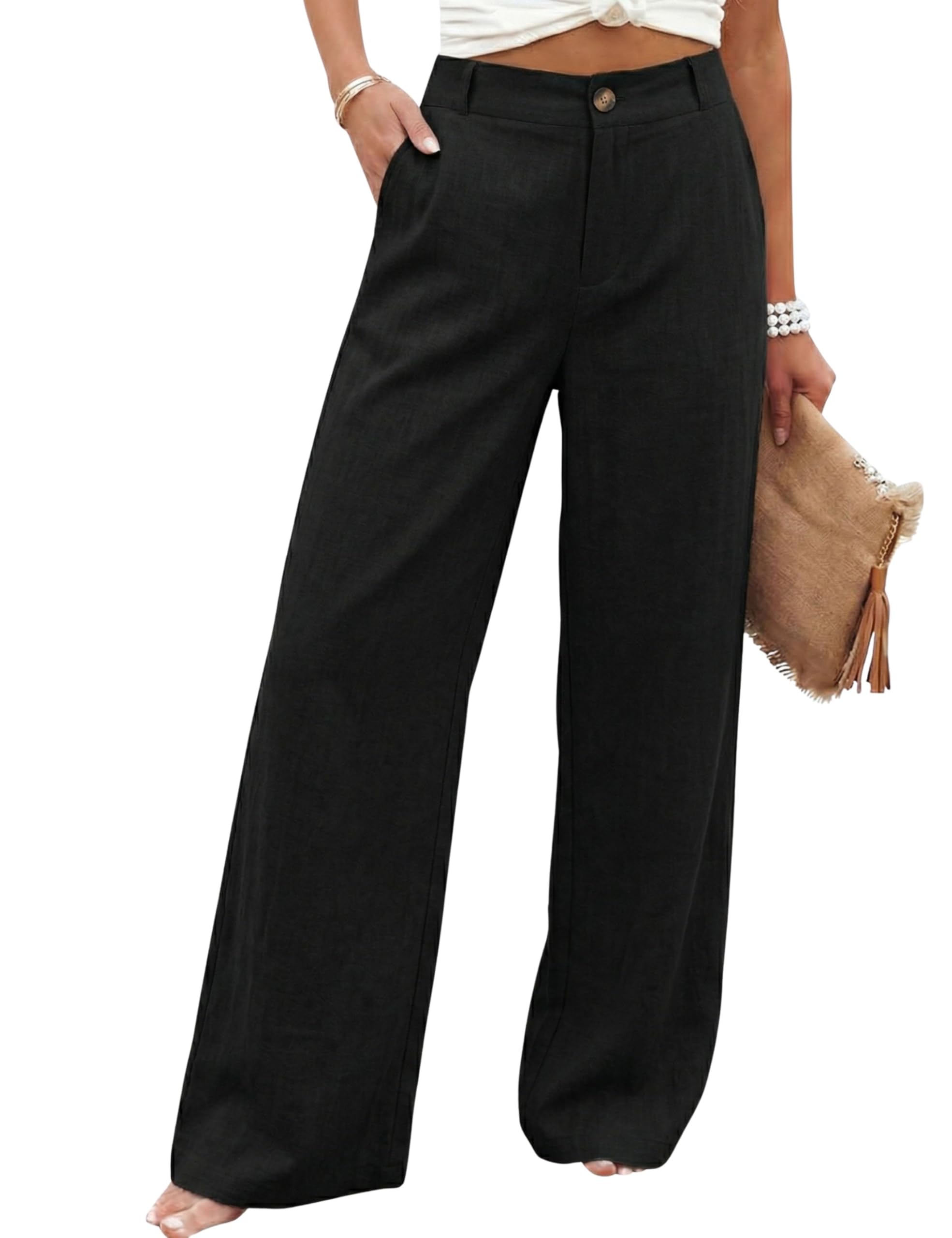 Hooever Womens Cotton Linen Pants Casual Button Up High Waisted Wide Leg Trousers(Black-Large01)