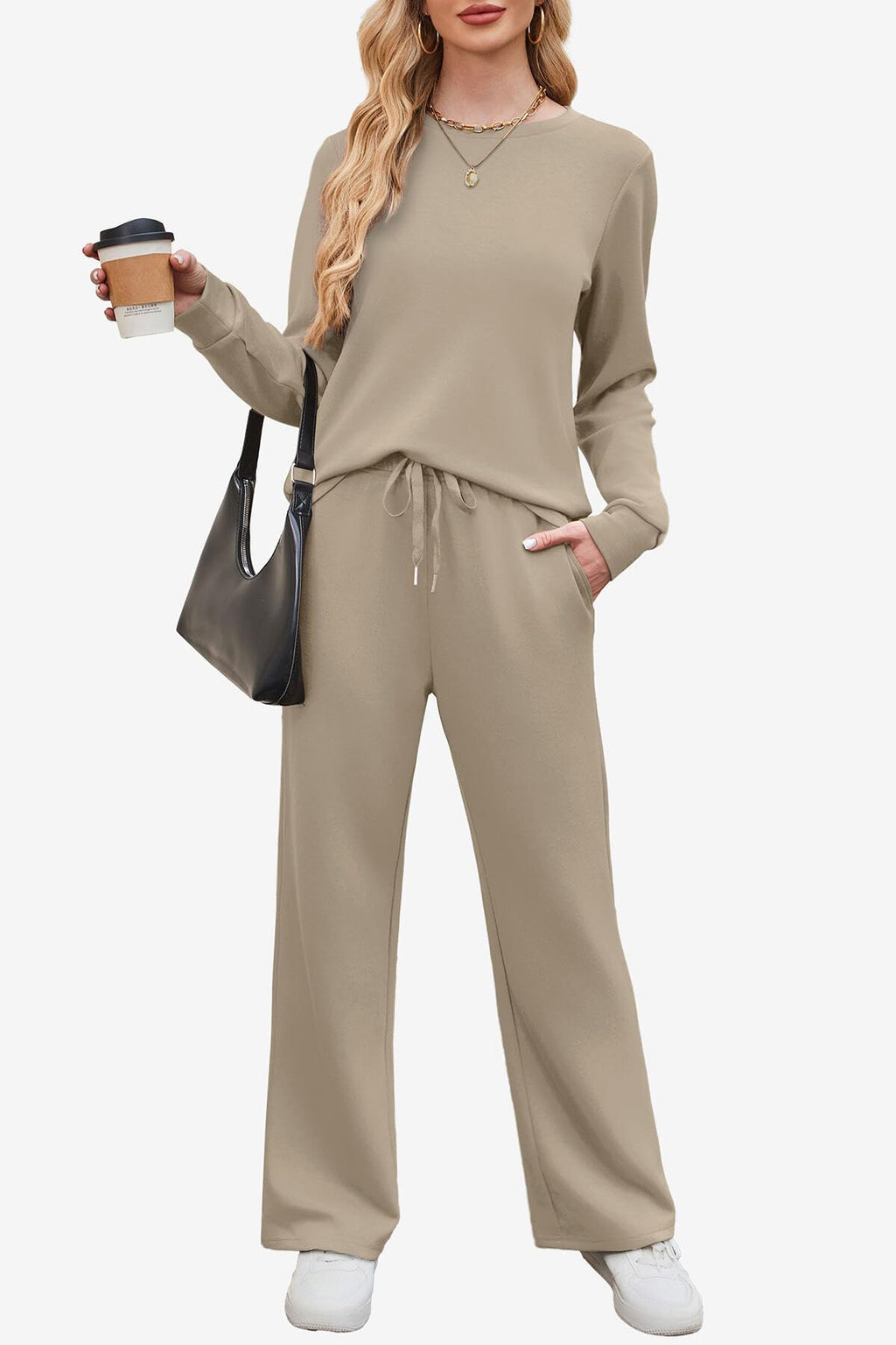 WIHOLL Sweatsuits Women 2 Piece Outfit 2025 Fall Winter Matching Sets Clothing Wide Leg Sweatpants Tracksuits Concert Outfits 2000s Jogger Sets Teacher Womens Clothes Khaki S