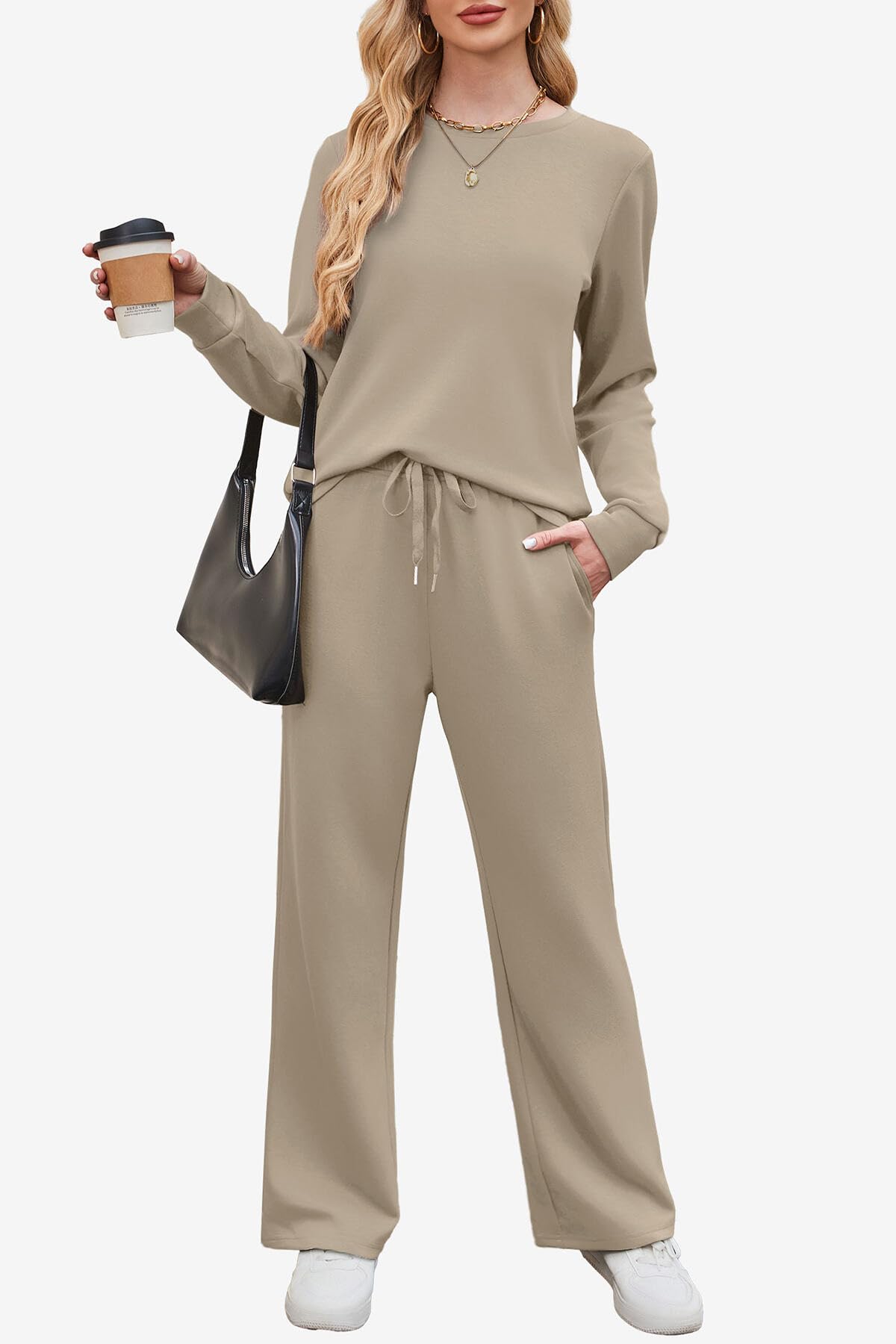 WIHOLL Sweatsuits Women 2 Piece Outfit 2025 Fall Winter Matching Sets Clothing Wide Leg Sweatpants Tracksuits Concert Outfits 2000s Jogger Sets Teacher Womens Clothes Khaki S