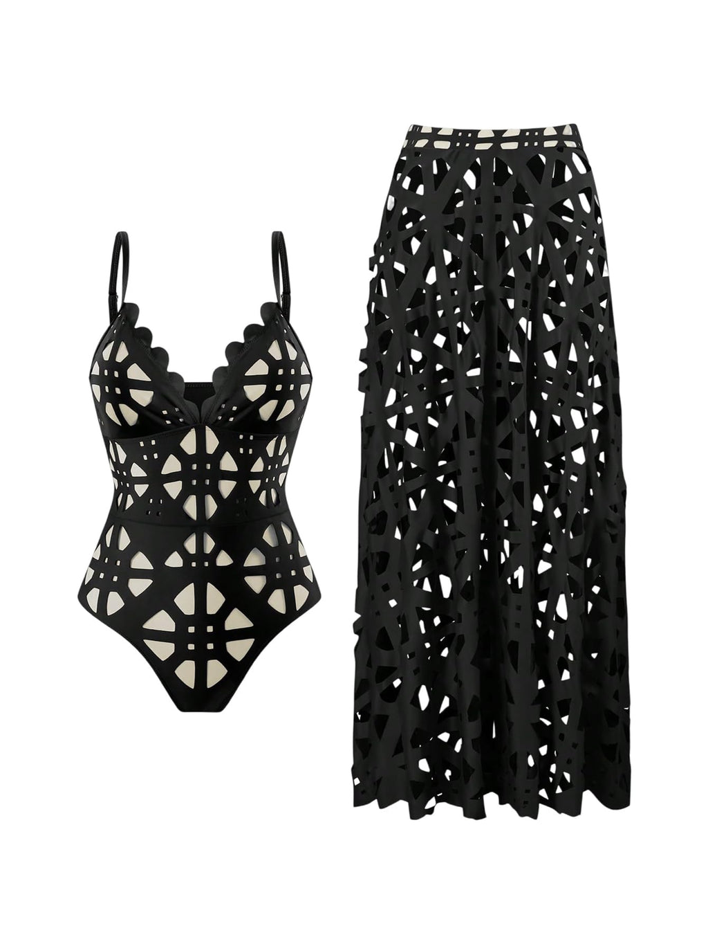 WDIRARA Women's Hollow Out 2 Piece Swimsuit One Piece with Cover Up Skirt Black Large