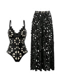 WDIRARA Women's Hollow Out 2 Piece Swimsuit One Piece with Cover Up Skirt Black Large