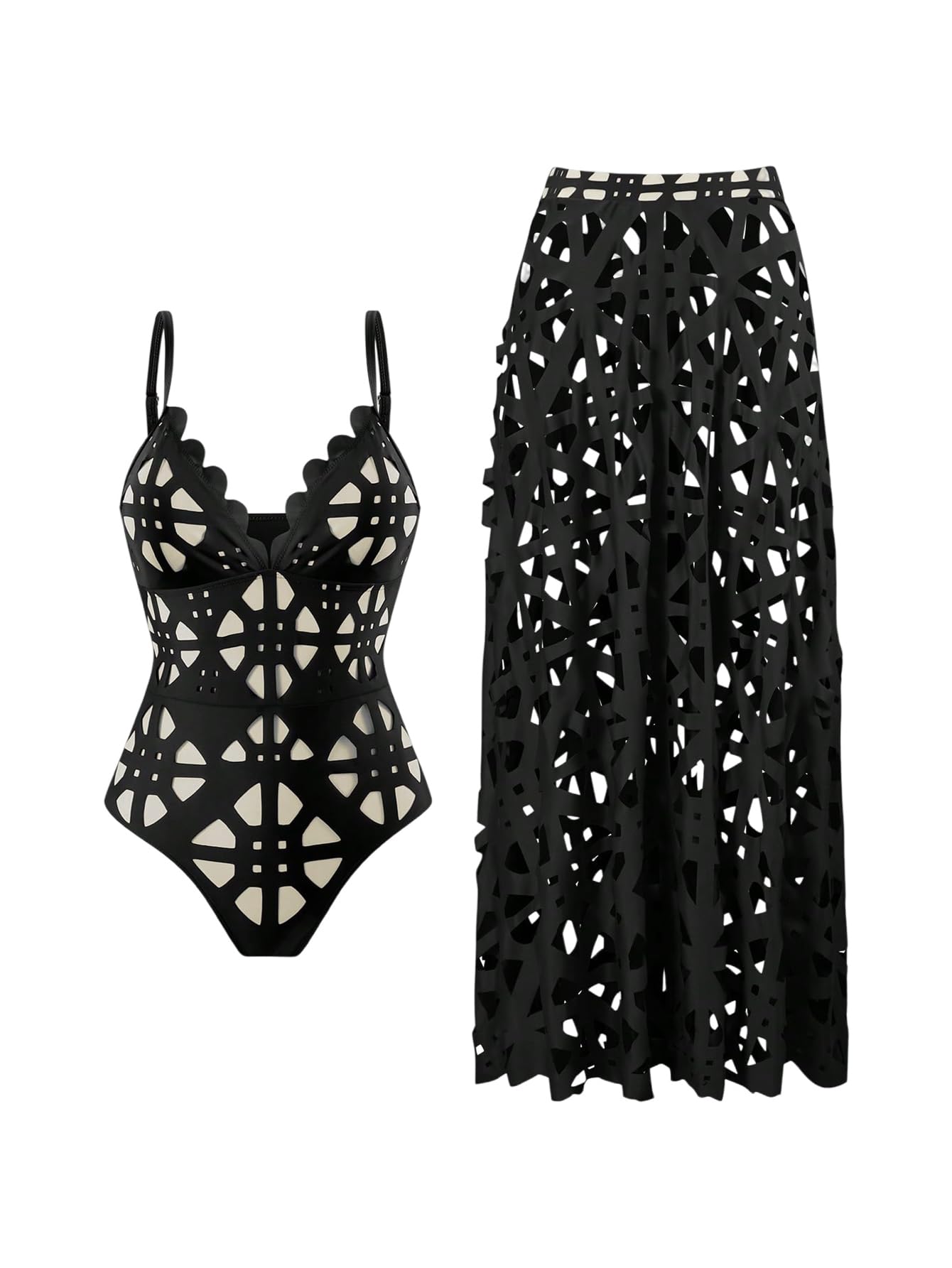 WDIRARA Women's Hollow Out 2 Piece Swimsuit One Piece with Cover Up Skirt Black Large