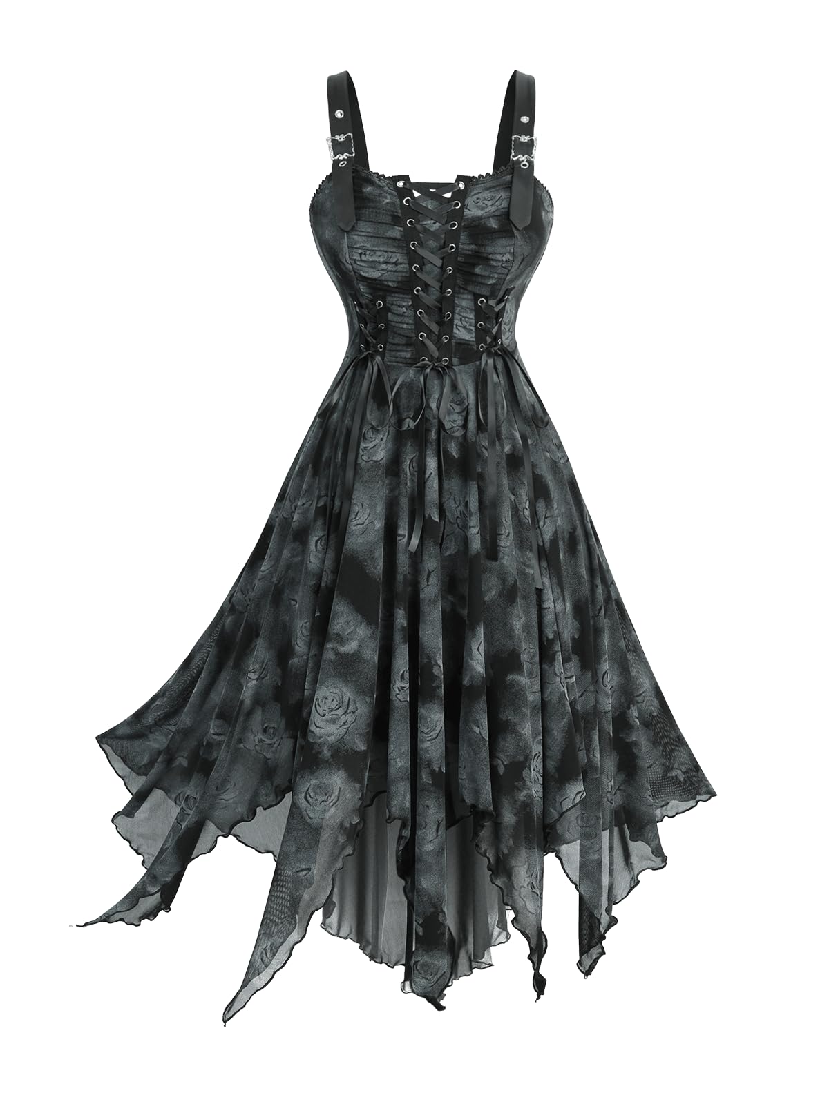 Rosegal Plus Size Gothic Dress for Women Halloween Costume Tie Dye Rose Print Lace-up Buckled Straps Handkerchief Hem Tank Goth Dress(Black/L)