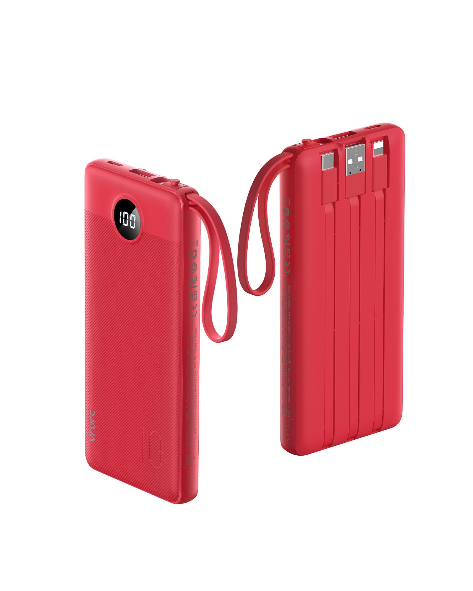 VRURC Portable Charger, 10000mAh Power Bank Built in Cables for iPhone, Slim Compact Travel Essential, 5 Outputs 2 Inputs USB C Battery Pack for iPhone 17 16 15 14 13, Samsung, Android etc-Magenta
