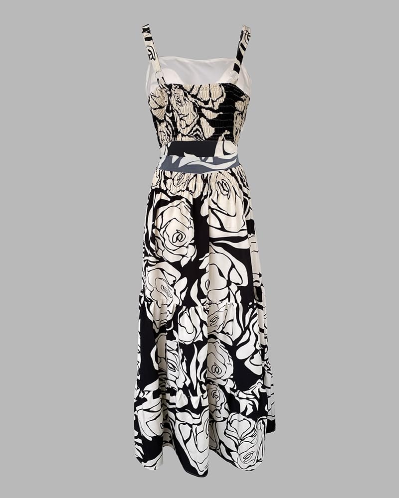 CHICME Summer Dresses for Women 2026 Sleeveless Casual Boho Maxi Dress Square Neck Hollow-Out Floral A Line Black Dress-S