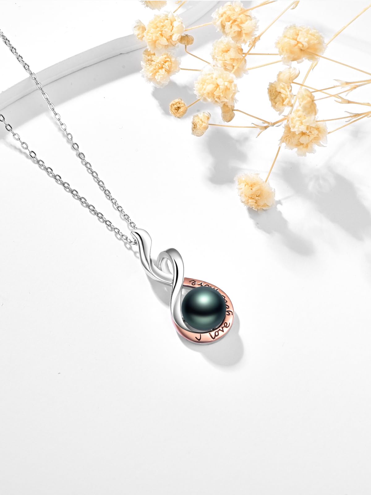 Zhi Kexin Black Pearl Necklace for Women 925 Sterling Silver I Love You More Pendant Necklaces Valentines Day Anniversary Jewelry Gifts for Wife Her