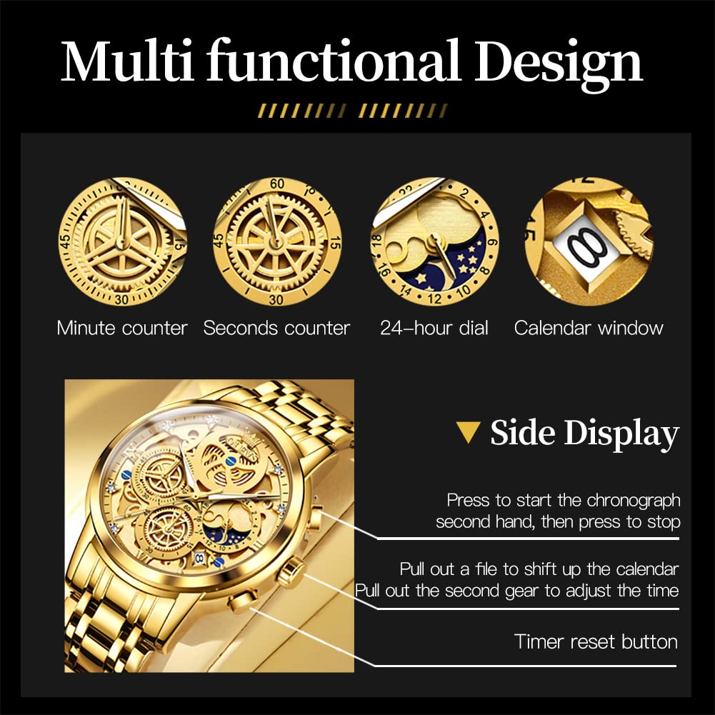OLEVS Gold Watches for Men Stainless Steel Luxury Diamond Watch Chronograph Multifunction Business Mens Gold Watch with Date Mens Classic Dress Casual Watches Waterproof Sport reloj de hombre Gift for Men