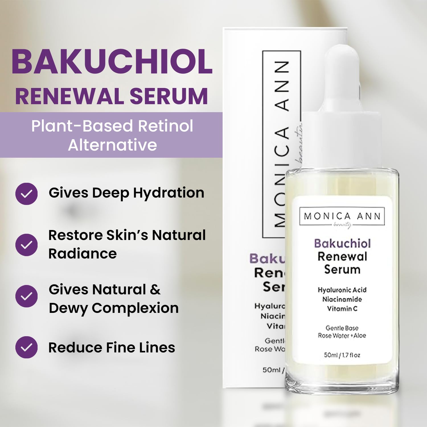 Monica Ann Beauty Bakuchiol Serum – Retinol Alternative with Hyaluronic Acid, Niacinamide & Vitamin C – Anti-Aging, Brightening, Hydrating Face Serum for Fine Lines & Wrinkles (1.7 fl oz)