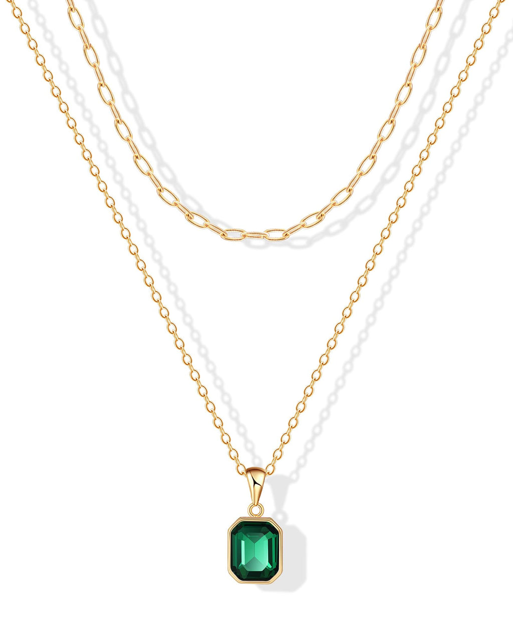 ACECHA Gold Layered Necklaces for Women, 18k Gold Plated Paperclip Chain Choker Necklace with Rectangle Crystal Birthstone Pendant Dainty Emerald Green Jewelry Gifts (Emerald)