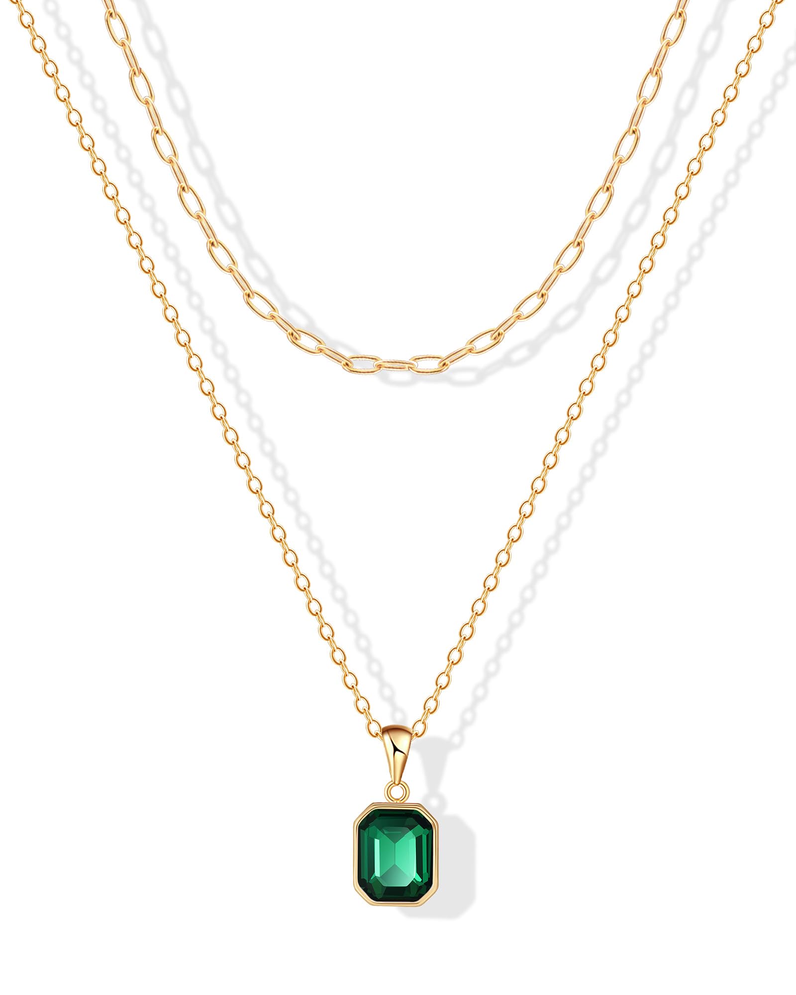 ACECHA Gold Layered Necklaces for Women, 18k Gold Plated Paperclip Chain Choker Necklace with Rectangle Crystal Birthstone Pendant Dainty Emerald Green Jewelry Gifts (Emerald)