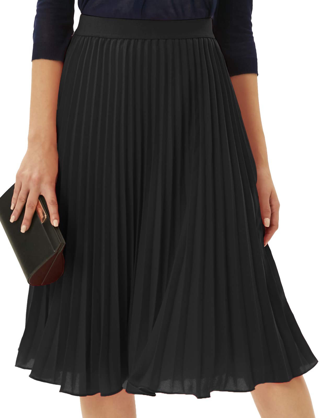 GRACE KARIN Women's Elegant High Waist Flared Pleated Swing Long Chiffon Skirt Black S