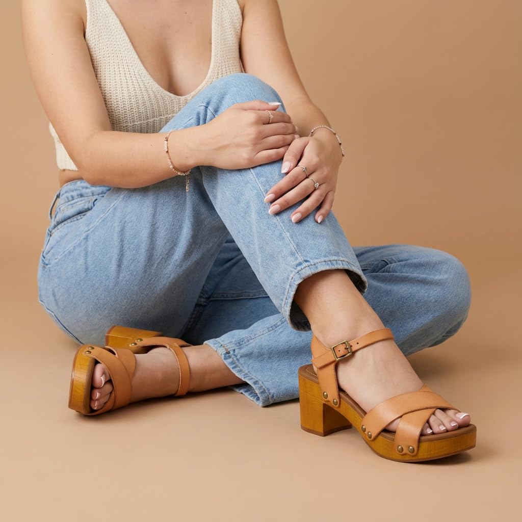 CUSHIONAIRE Slate Faux Wooden Heel Sandal, Comfortable Platform Sandals with Chunky Heels for Women Wide Widths Available,HONEY 6