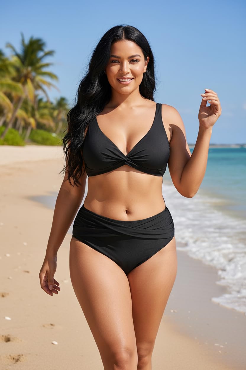 Yonique Women Two Piece Swimsuit - Knot Twist Bikini Set V Cut Bathing Suit 2026 Teen Bikini Black M