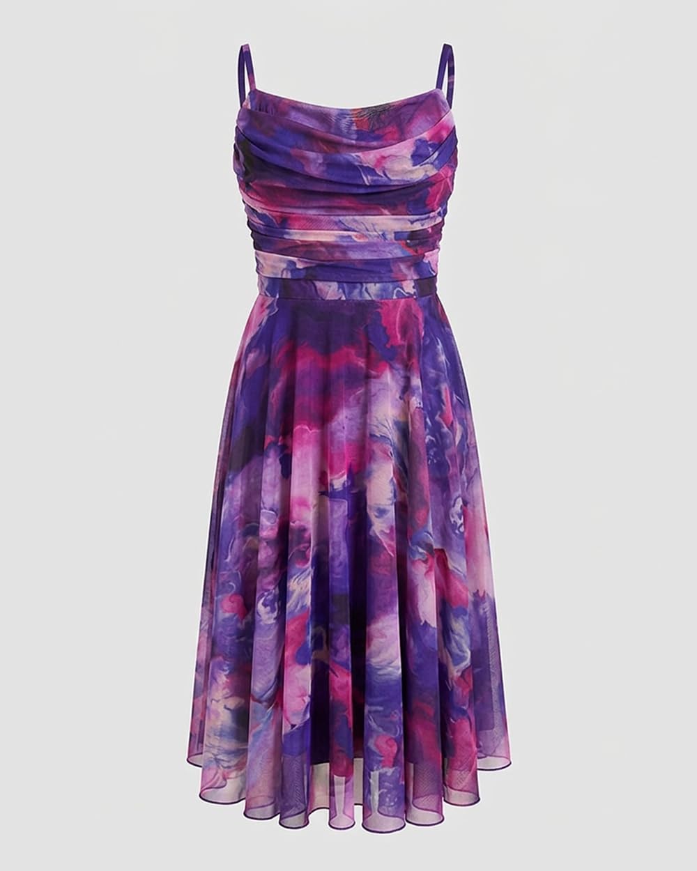 CHICME Womens Tie Dye Mesh Midi Dress 2026 Summer Cowl Neck Adjustable Strap A Line Cinched Zipper Back Cocktail Party Dress-DPU-L Dark Purple