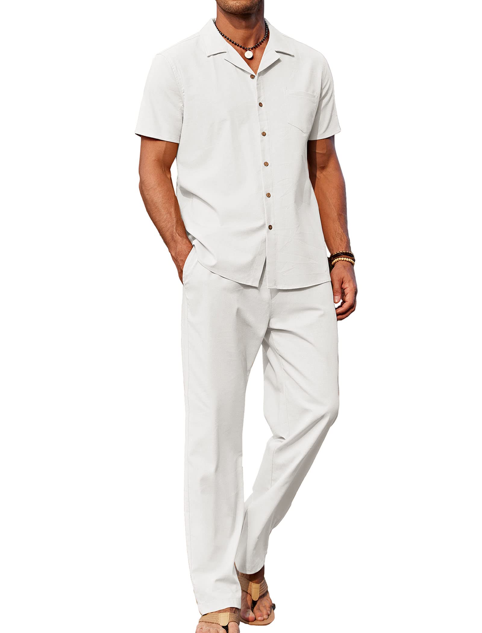 COOFANDY Men 2 Piece Linen Sets Outfits Beach Wedding Shirts and Pants Leisure Suit