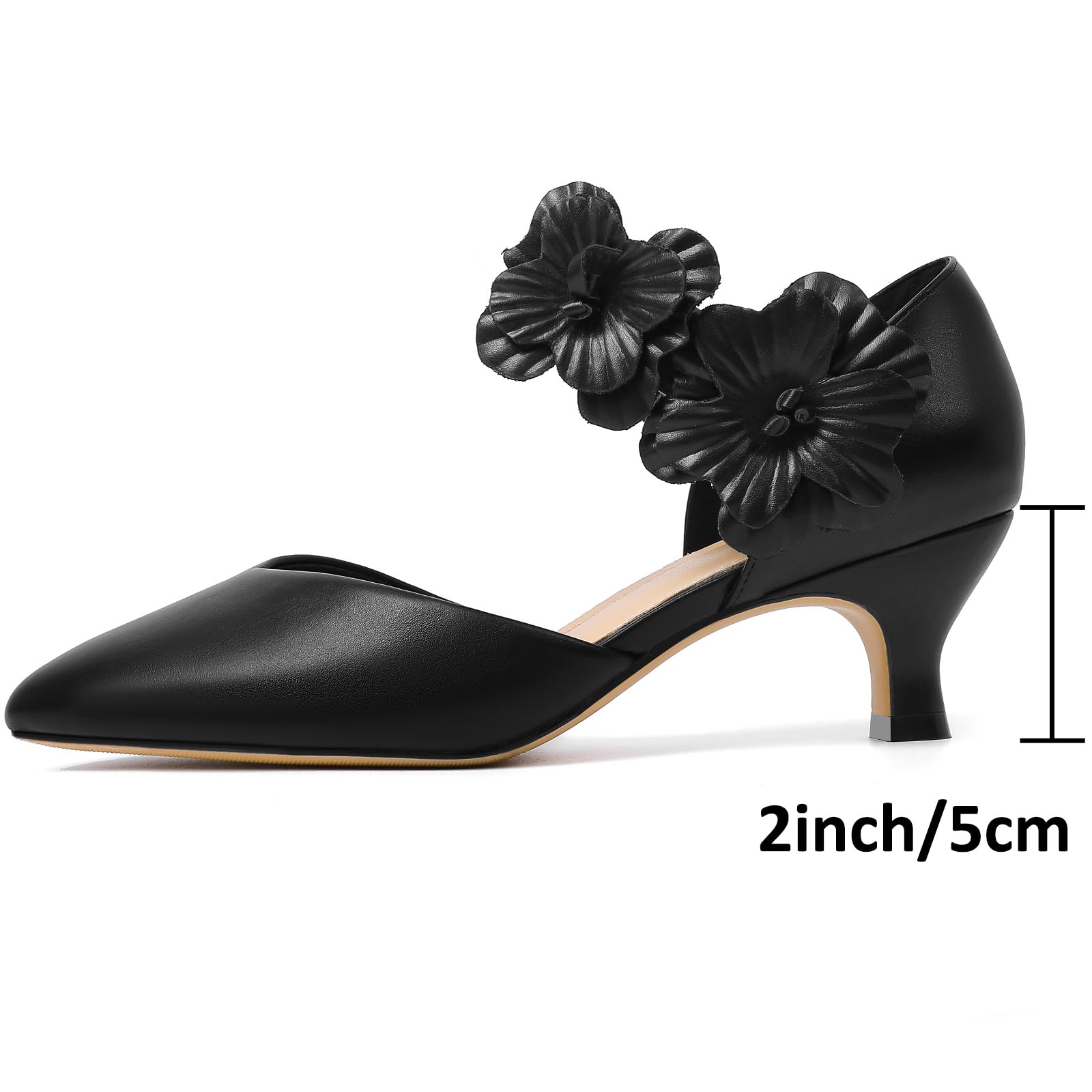 RIBONGZ Black Kitten Heels for Women Low Closed Toe Dressy Pumps Comfortable Slip On Flower Dress Shoes for Wedding Dancing Party Office Work Size 6