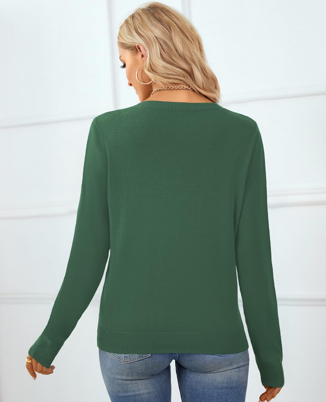 QUALFORT Women's 100% Cotton Crewneck Sweater, Basic Lightweight Long Sleeve Pullover Dark Green X-Large