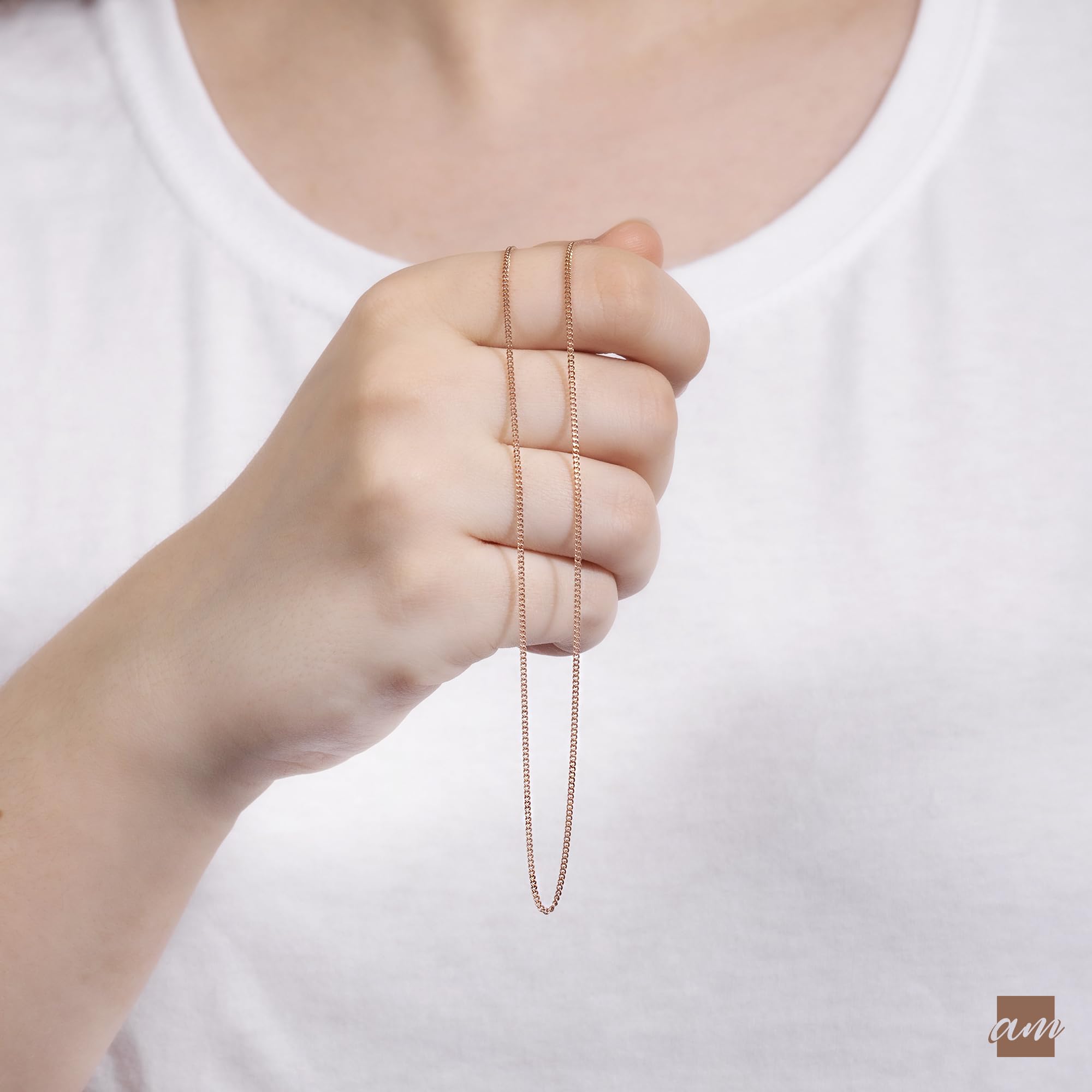 Amberta 14K Rose Gold Plated on 925 Sterling Silver 1.3 mm Curb Chain Necklace Length 20" inch / 50 cm (20)
