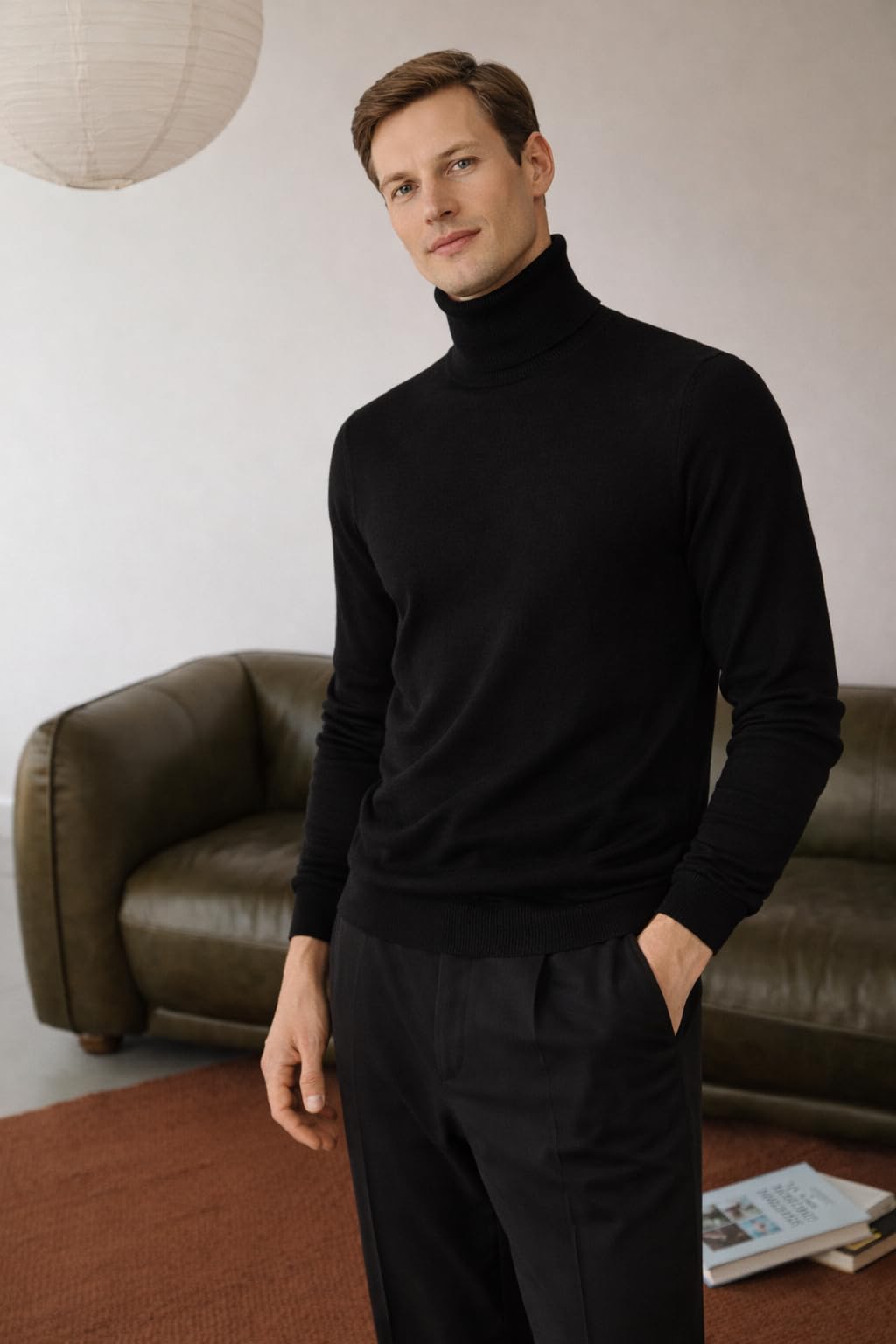 State Cashmere Men's Essential Turtleneck Sweater 100% Pure Cashmere Classic Long Sleeve Pullover (Black, Large)