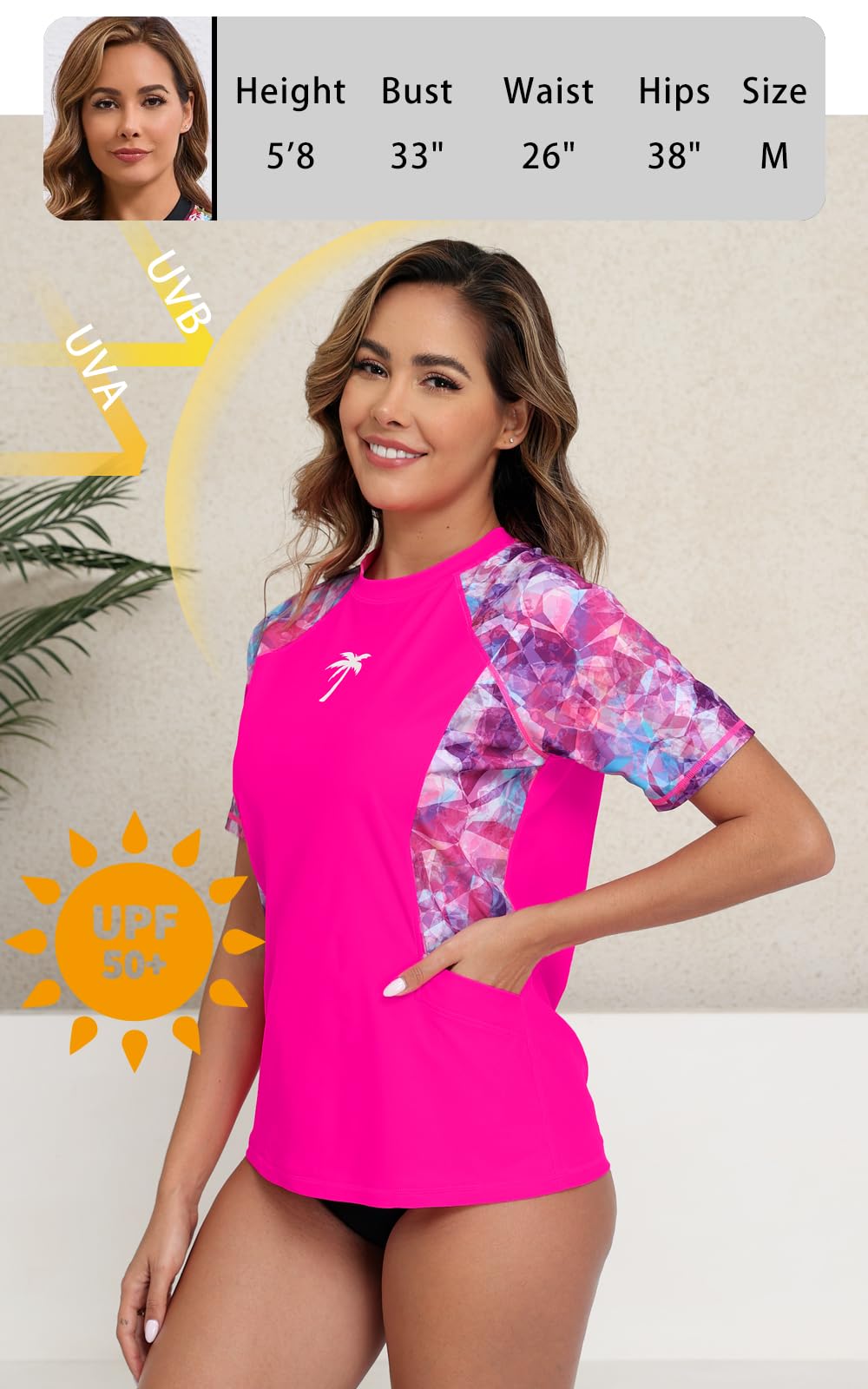 Halcurt Women's Short Sleeve Rash Guard Swimsuit Top with Pocket Swim Shirt Only UPF50+ Quick Dry Bathing Suit Hot Geometric M