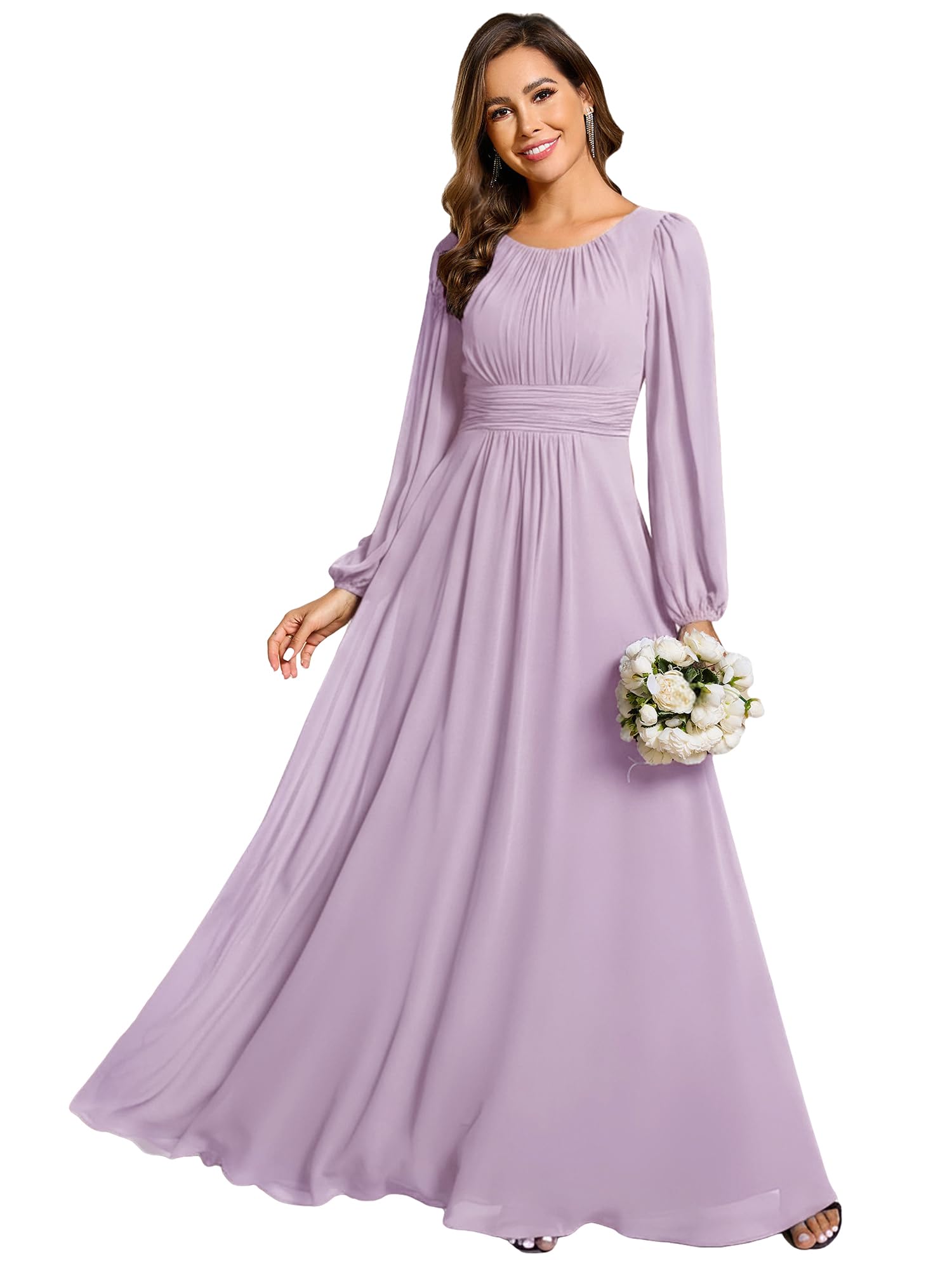 Ever-Pretty Women's Crewneck Long Lantern Sleeves Floor Length A-Line Pleated Chiffon Formal Dress Frosted Lilac US08