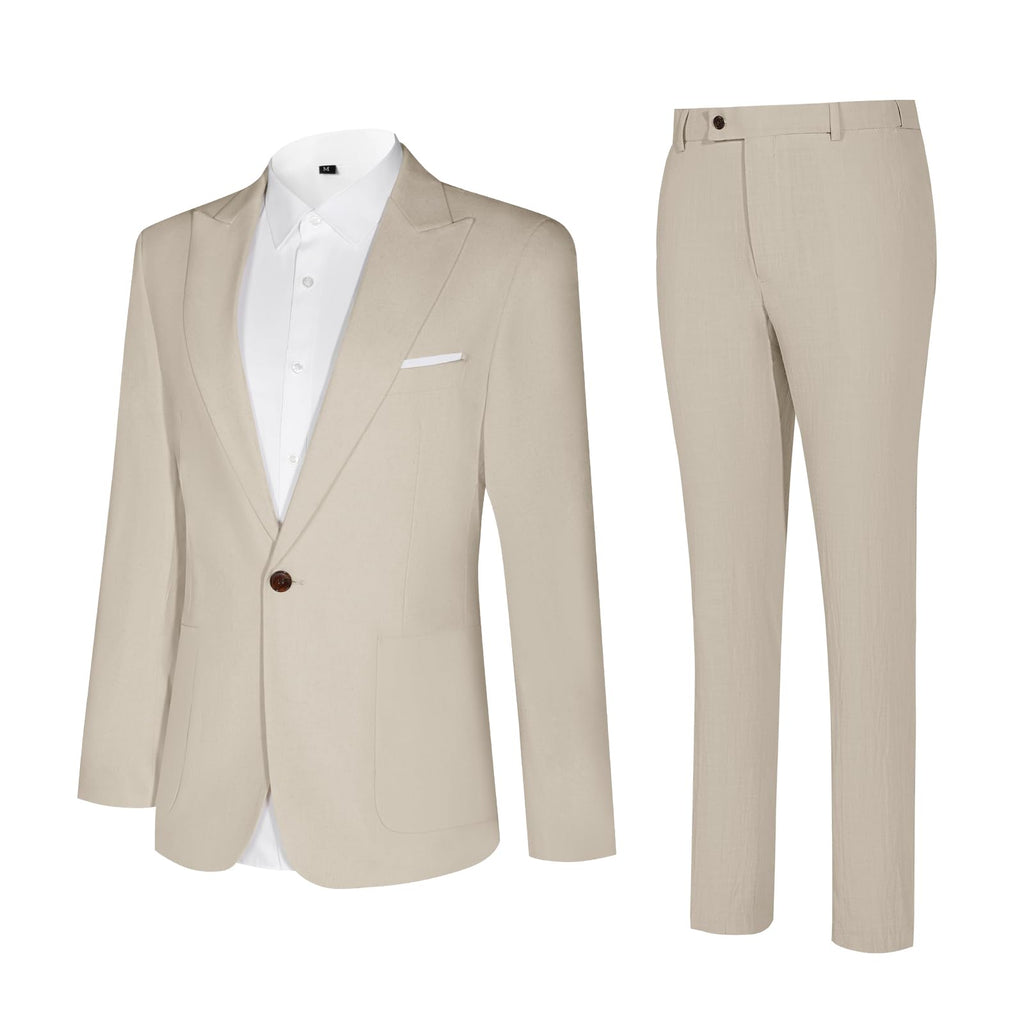 Diaryan Linen Men Suit Beige 2 Piece One Button Classic Fit Dress Suit Solid Jacket and Trousers Set for Wedding Business XS