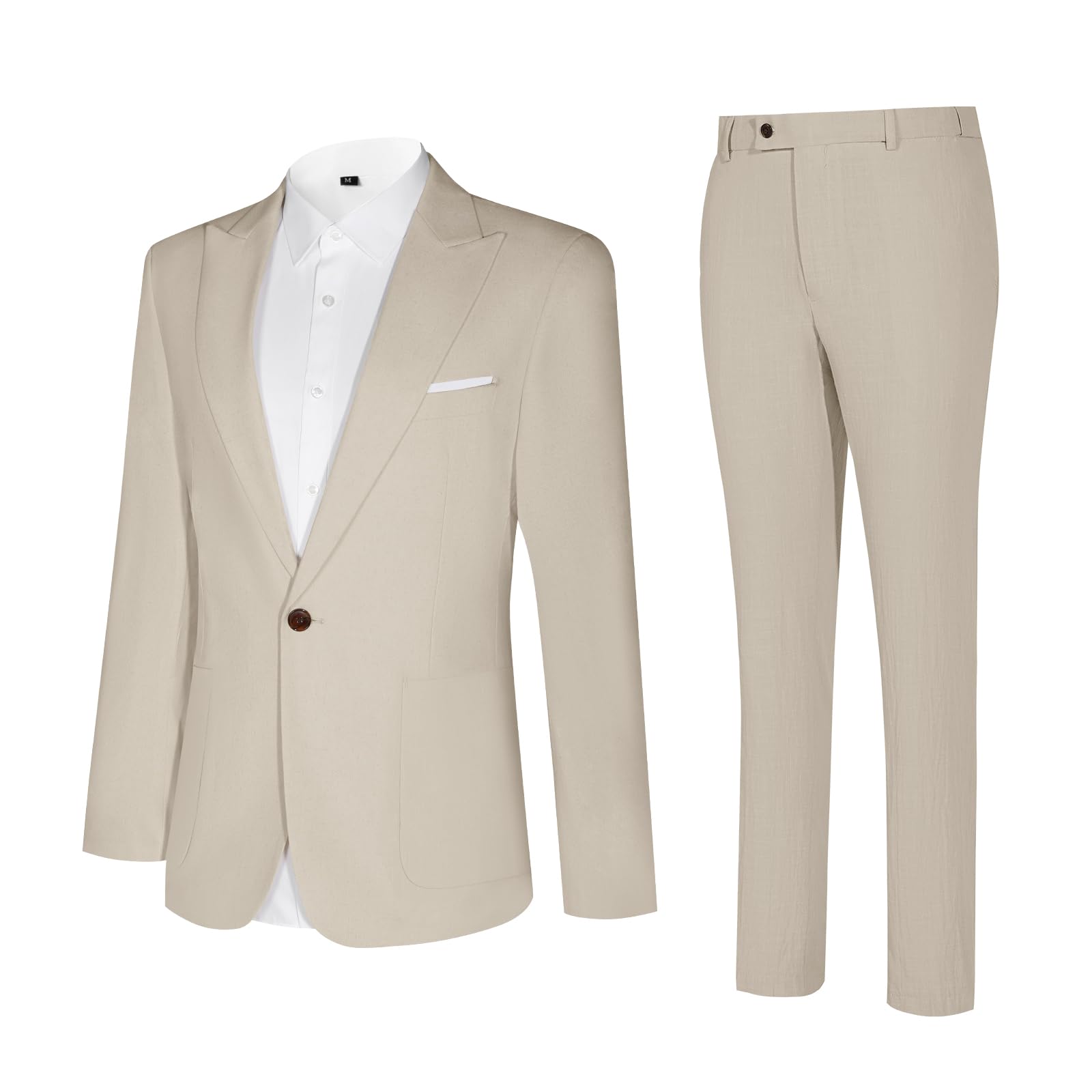 Diaryan Linen Men Suit Beige 2 Piece One Button Classic Fit Dress Suit Solid Jacket and Trousers Set for Wedding Business XS