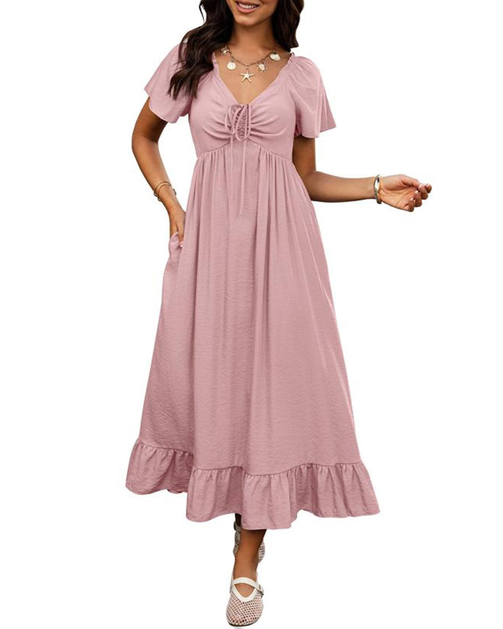 BTFBM Womens Spring Dresses 2026 Casual Short Sleeve V Neck Drawstring Wedding Guest Maxi Dresses Boho Beach Long Dress (Pink,Small)
