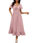 BTFBM Womens Spring Dresses 2026 Casual Short Sleeve V Neck Drawstring Wedding Guest Maxi Dresses Boho Beach Long Dress (Pink,Small)