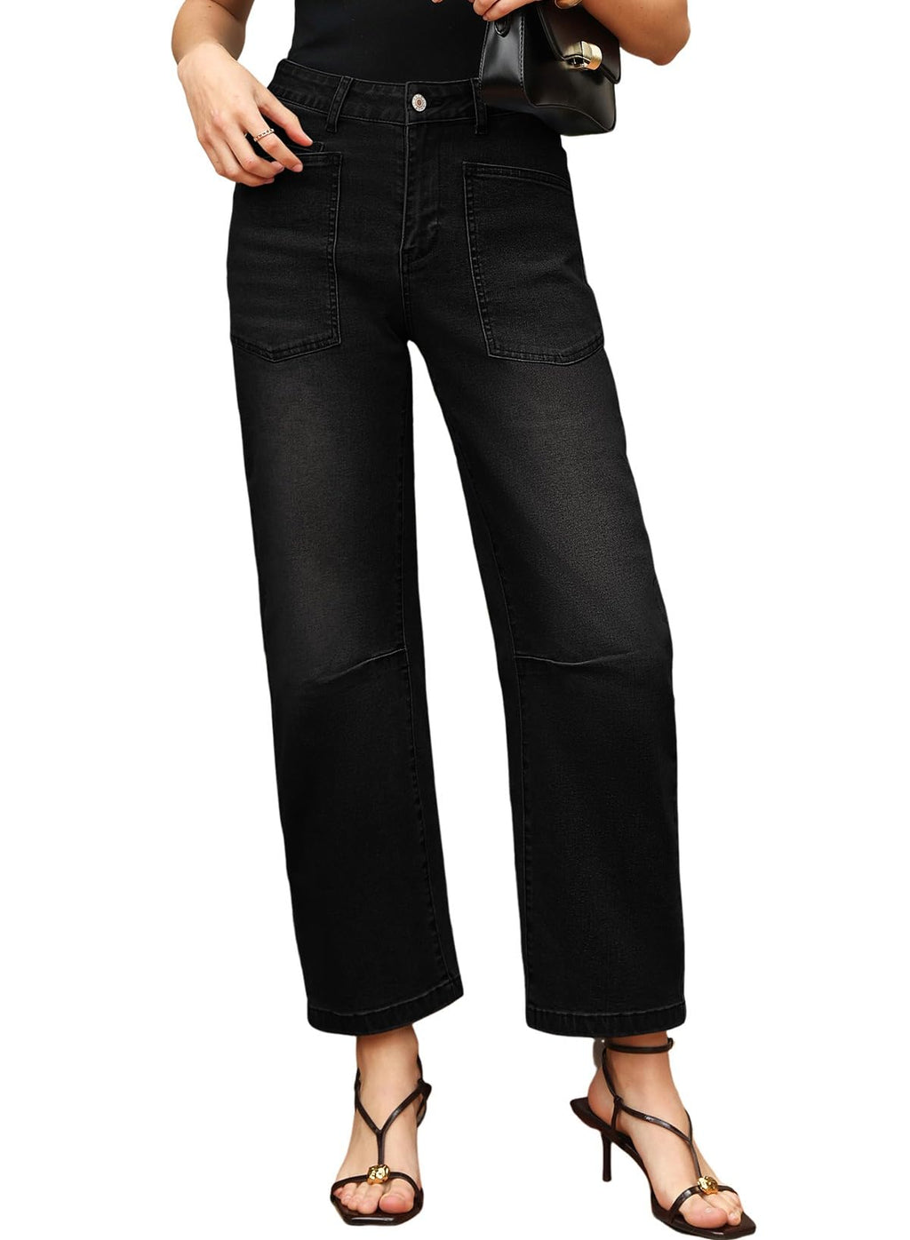 EVALESS Barrel Jeans Women Trendy 2025 Stretchy High Waisted Wide Leg Boyfriend Baggy Jean Black Size 6