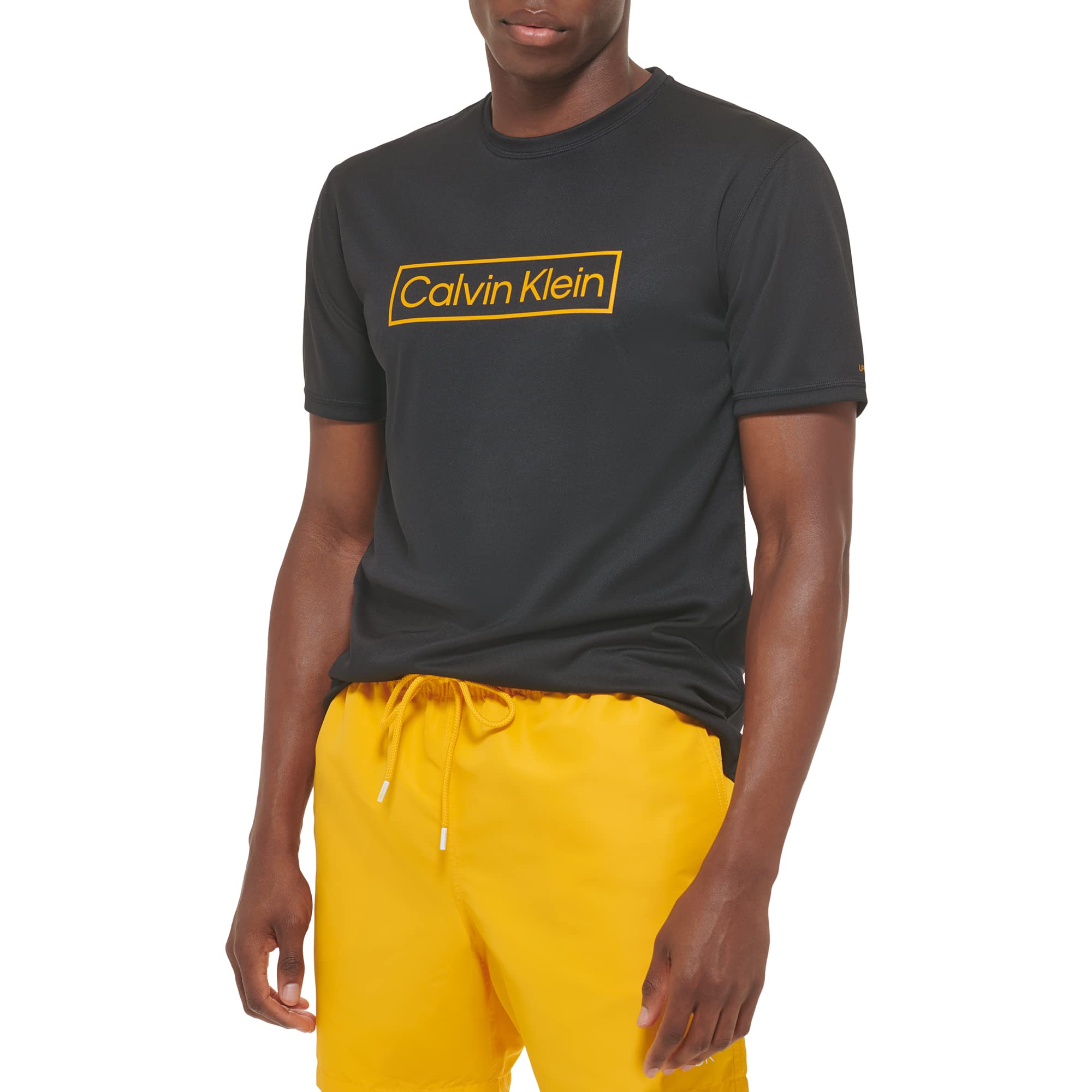 Calvin Klein Men's Standard Light Weight Quick Dry Short Sleeve 40+ UPF Protection Active Top, Black Logo, XX-Large