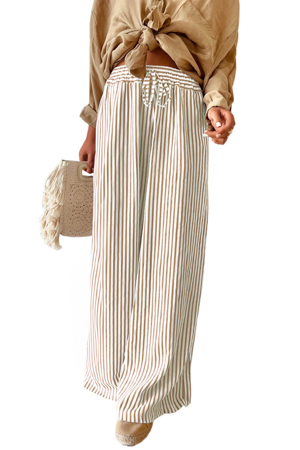 Acelitt Women Casual Striped Wide Leg Pants Drawstring Elastic High Waisted 2026 Summer Fashion Beach Pants Trousers with Pockets Khaki Small