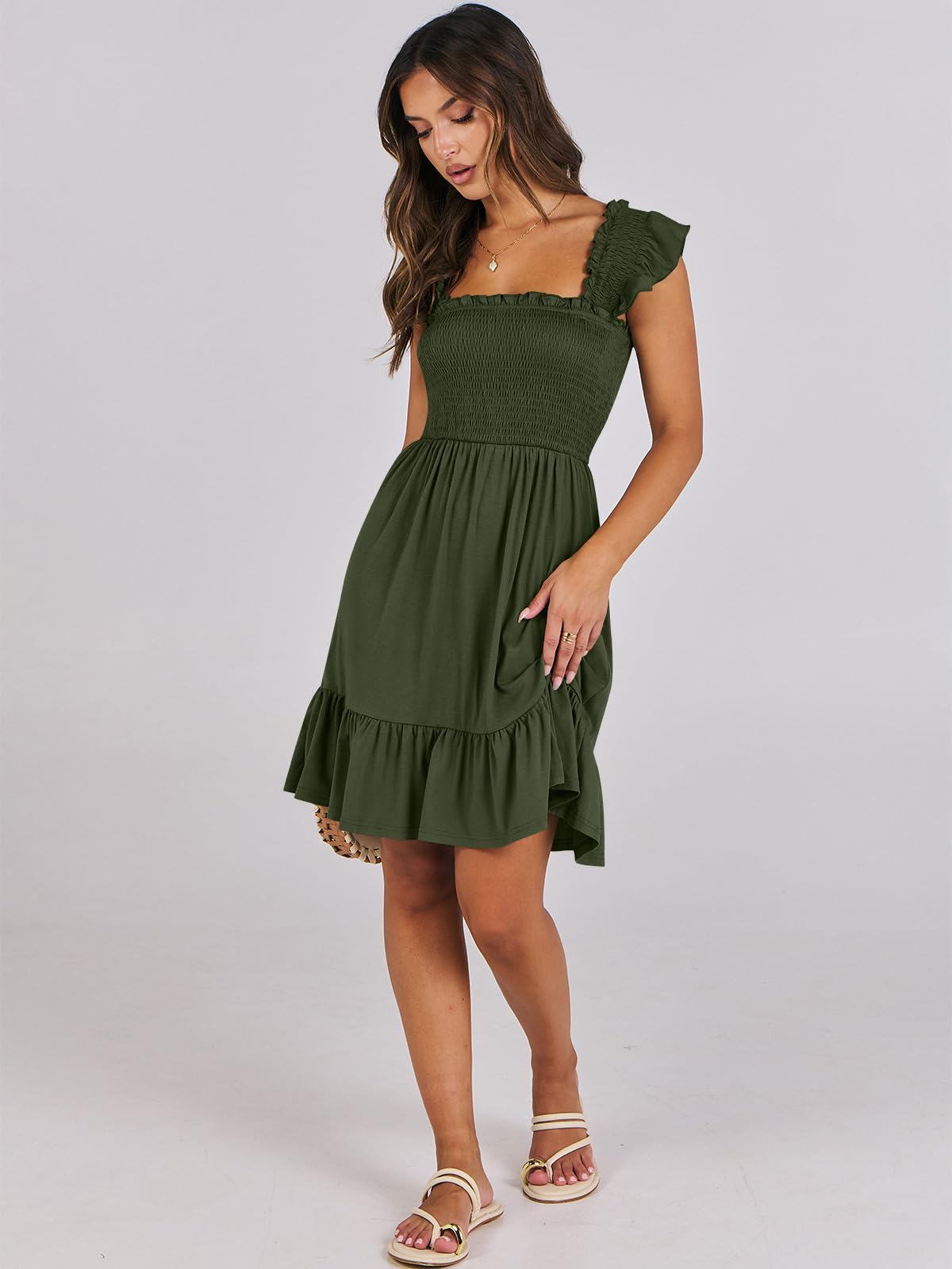 ANRABESS Women's Summer Casual Sleeveless Square Neck Dress 2026 Smocked Ruffle Backless Boho Beach Cute Teen Short Sundress Green Small