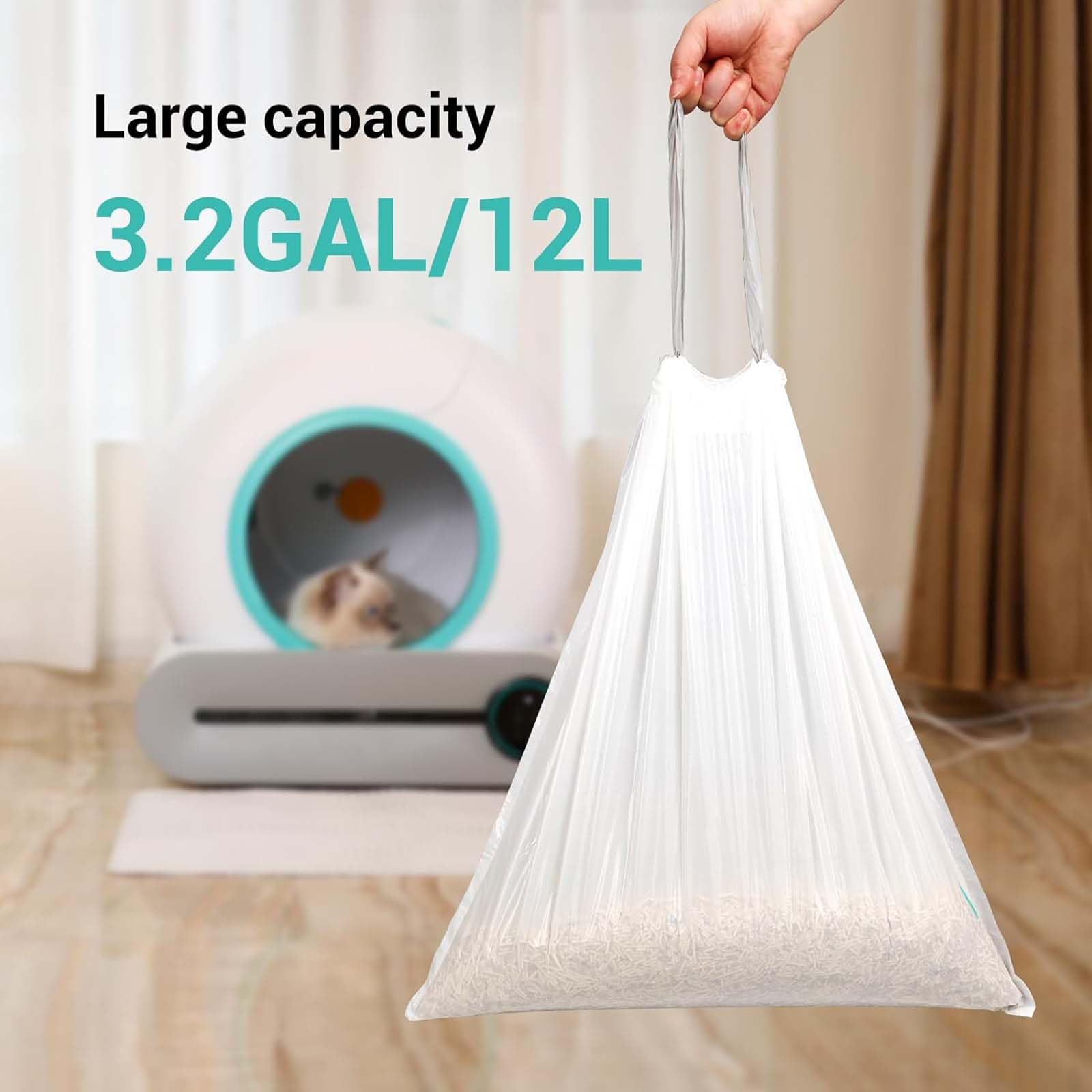 80 Count Waste Bags for Self-Cleaning Cat Litter Box, Replacement Extra Large Cat Litter Box Liners, 4 Rolls Drawstring Trash Bags for Robot, 20 x 18 Inches（4 Packs/80 Counts）
