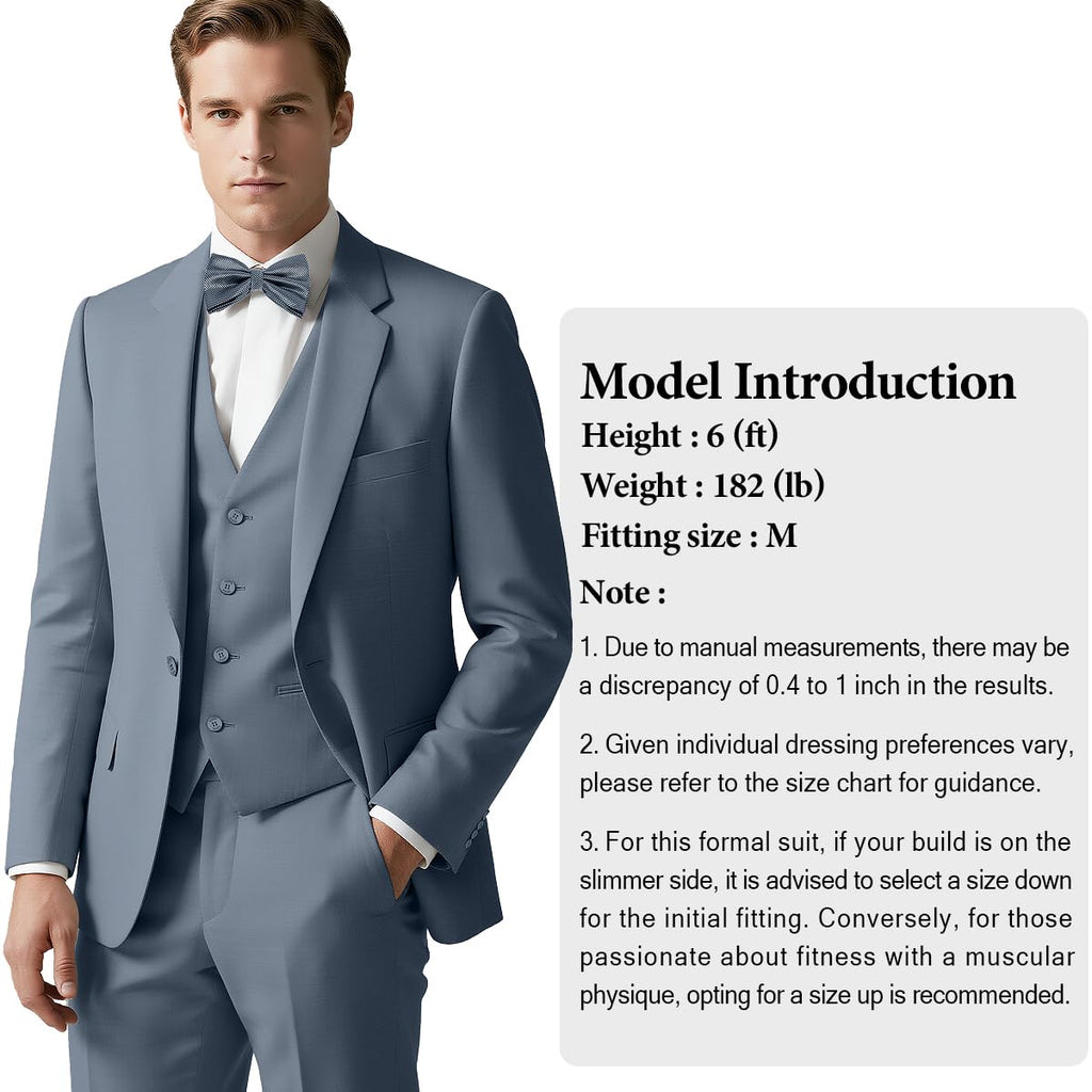 Men's 3-Piece Slim Fit Suit with Bow Tie, Single Button Blazer Vest Pants Set for Wedding Business, Formal Suit for Men Blue Grey
