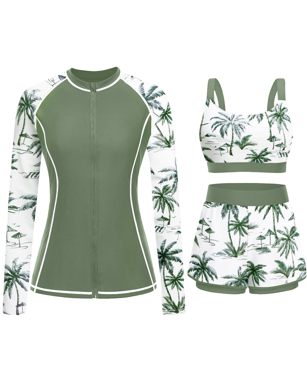 Green Palm Tree 3 Piece Rash Guard for Women - Long Sleeve Swimsuits with Shorts SPF Zip up Swim Shirt with Built in Bra M