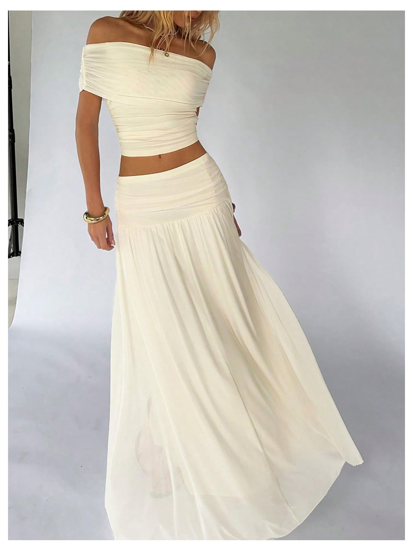 WDIRARA Women's 2 Piece Skirt Outfits Ruched Off Shoulder Top Maxi Skirt Set Beach Vacation Outfits Apricot Medium