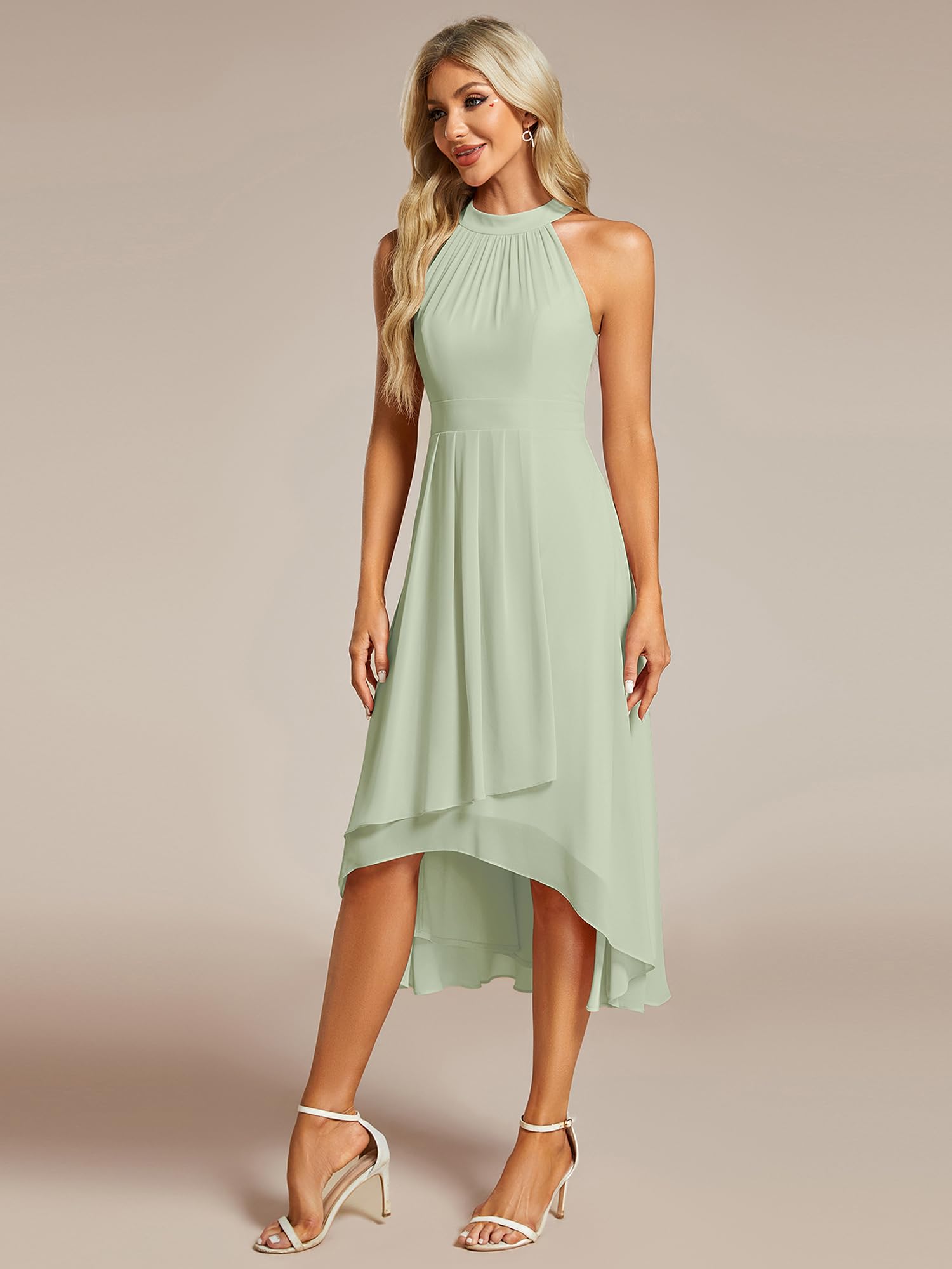 Ever-Pretty Women's Sexy Halter Neck Pleated Sleeveless Hi-Lo Chiffon Summer Wedding Guest Dress Cocktail Dresses Mint Green US16