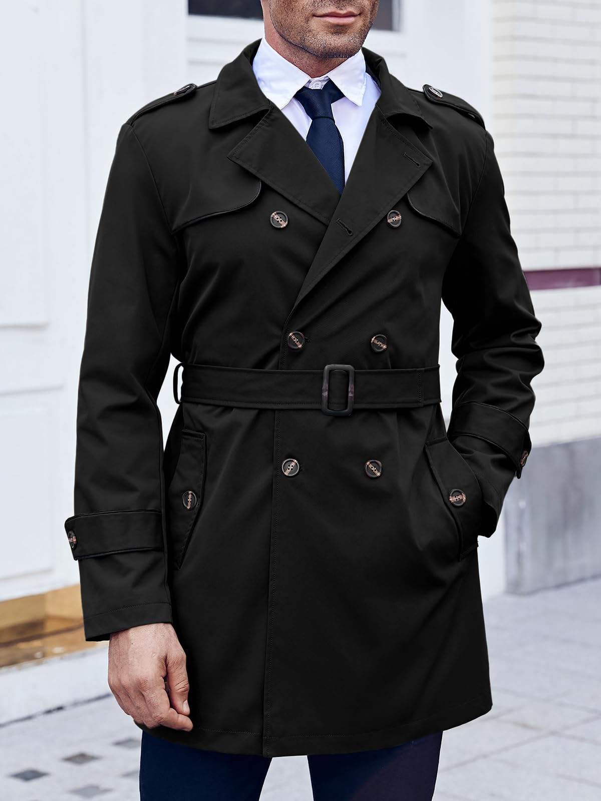 Makkrom Men's Trench Coat Slim fit Double Breasted Notched Lapel Belted Windbreaker Long Jacket Casual Windproof Overcoat