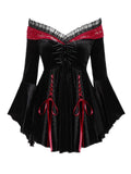 ROSE GAL Rosegal Women Plus Size Romantic Gothic Lace-up Lace Panel Ruched Bell Sleeves Velvet Tee Flare Sleeves Gothic Witch Costume Top(Black_2/1X)
