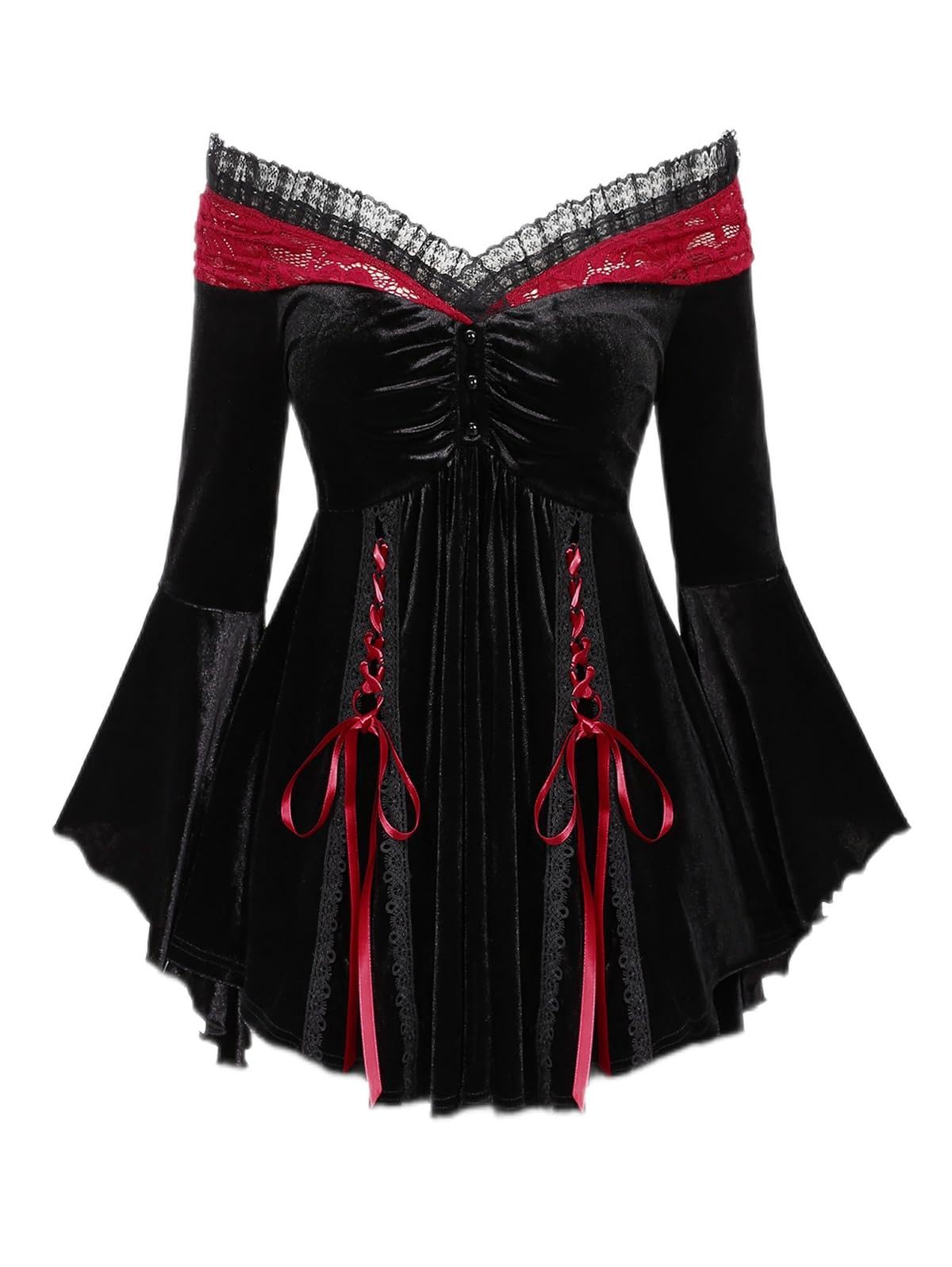 ROSE GAL Rosegal Women Plus Size Romantic Gothic Lace-up Lace Panel Ruched Bell Sleeves Velvet Tee Flare Sleeves Gothic Witch Costume Top(Black_2/1X)