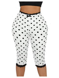 WDIRARA Women's Polka Dots Capris Pants Lace Trim Elastic High Waisted Skinny Yoga Leggings White Large