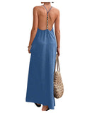 Verdusa Women's Backless Cami Dresses Linen Maxi Dress Sundress Open Back Vacation Beach Summer Outfits Dark Blue Small